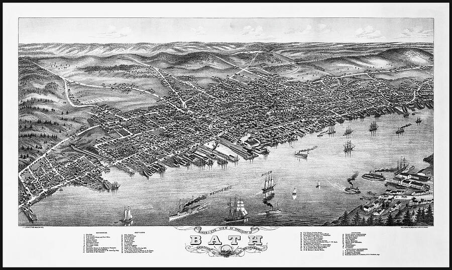 Bath Maine Vintage Map Birds Eye View 1878 Black and White Photograph ...