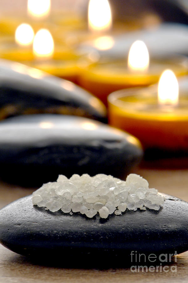 Bath Salts on Polished Stone with Candles in a Spa Photograph by Olivier Le Queinec
