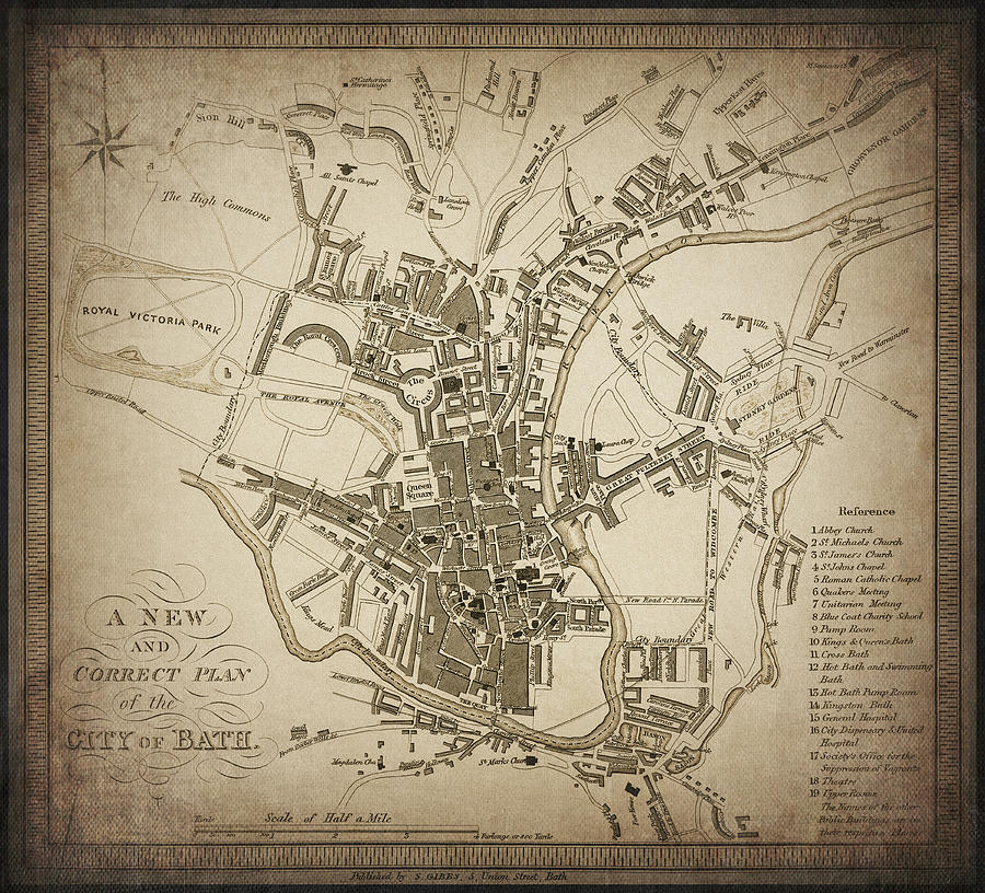 Bath Somerset England Vintage City Map 1857 Sepia Carol Japp 