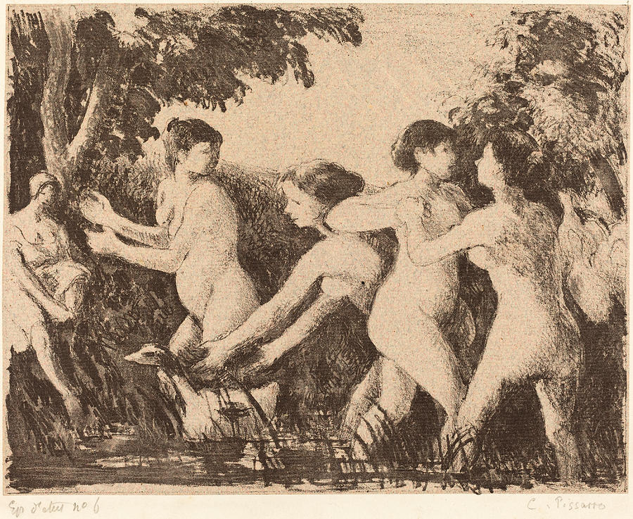 Bathers Wrestling 2 Drawing by Camille Pissarro