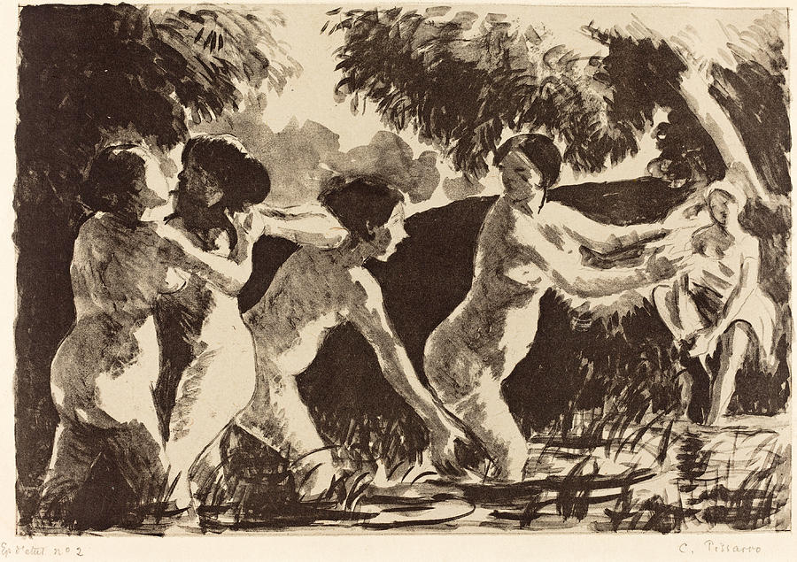 Bathers Wrestling  Drawing by Camille Pissarro