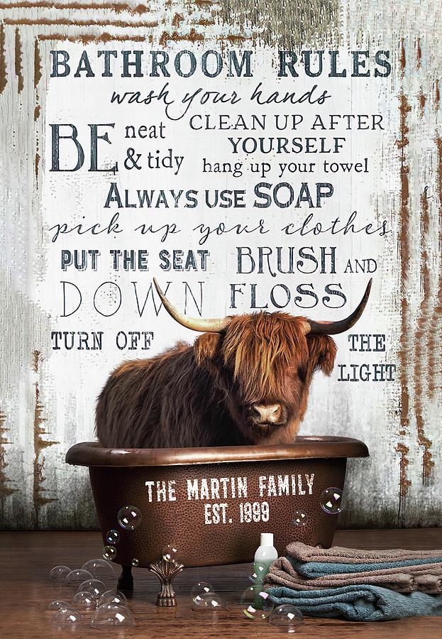 Bathroom Rules Canvas, Highland Cattle Canvas, Restroom Canvas, Custom ...