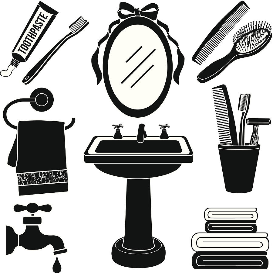 Bathroom Sink Icon Set In Black And White Drawing by Kathykonkle