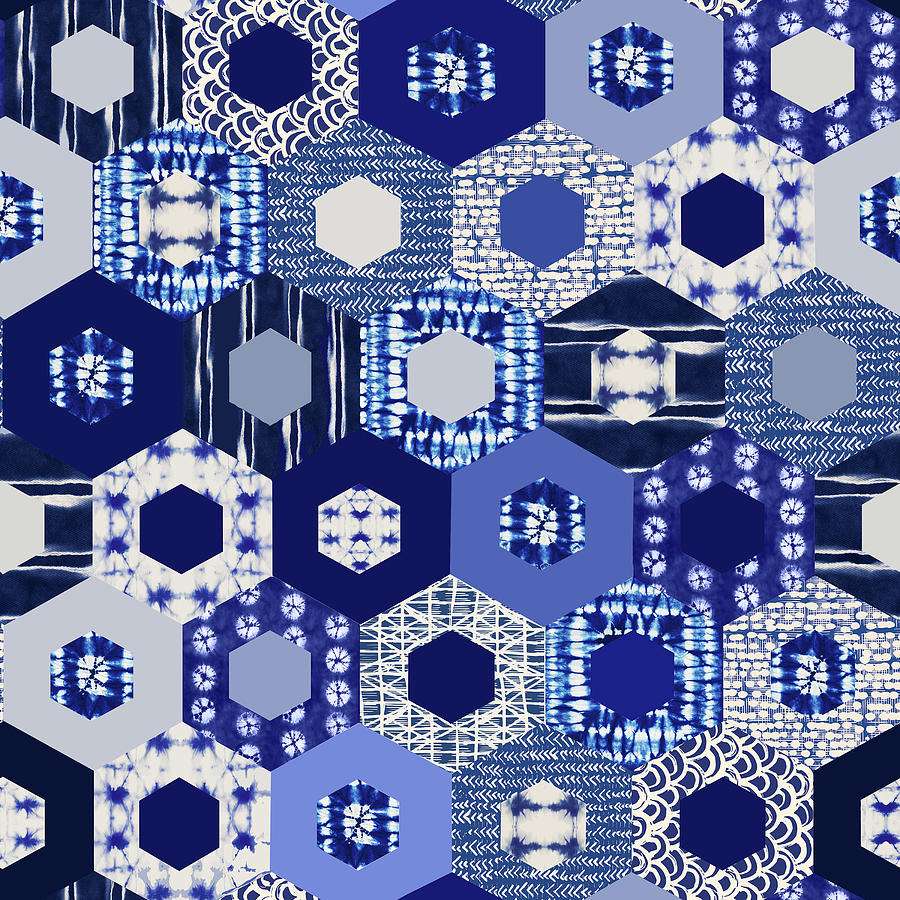 Batik Tie Dye Hexagon Indigo Quilt Digital Art by Vagabond Folk Art - Virginia Vivier