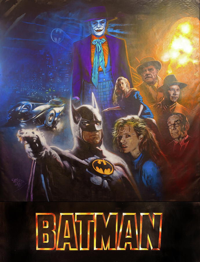 Batman by Tim Burton, Michael Keaton and Jack Nicholson with Batman symbol Painting by Michael Andrew Law Cheuk Yui