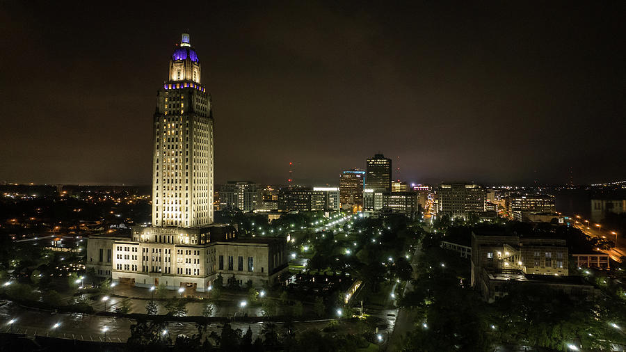 Baton Rouge Louisiana Capitol Night Aerial and City Photograph by John McGraw