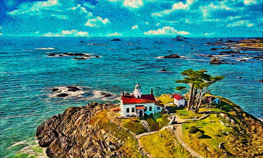 Battery Point Light lighthouse in Crescent City, California - digital painting Digital Art by Nicko Prints