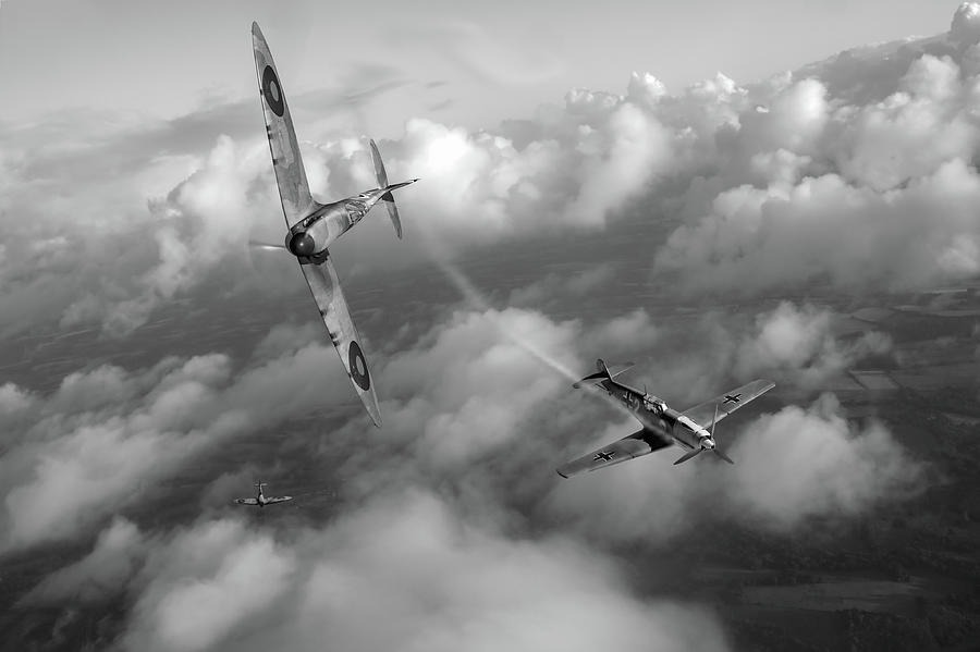 Battle of Britain Spitfire shoots down Messerschmitt Bf 109 BW version Photograph by Gary Eason