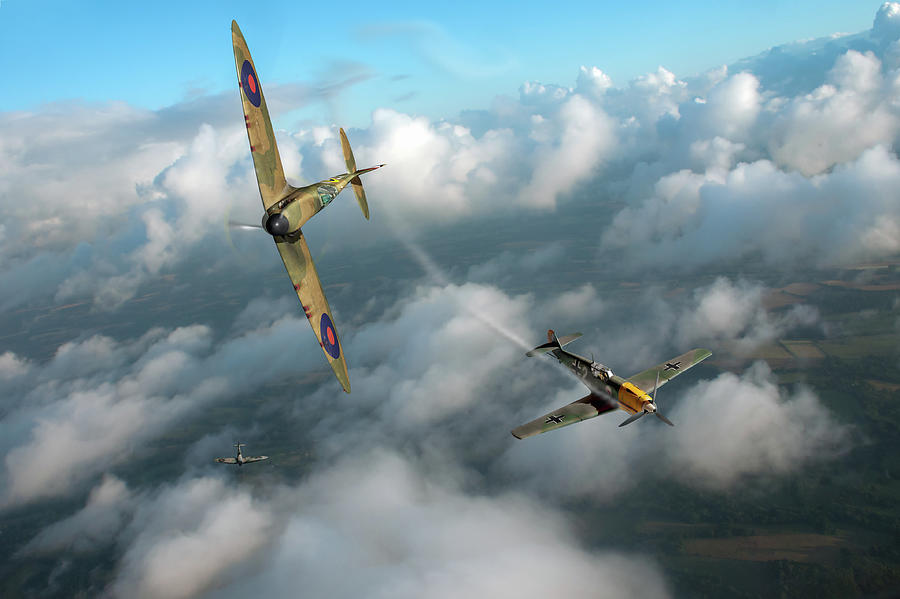 Airplane Photograph - Battle of Britain Spitfire shoots down Messerschmitt Bf 109 by Gary Eason