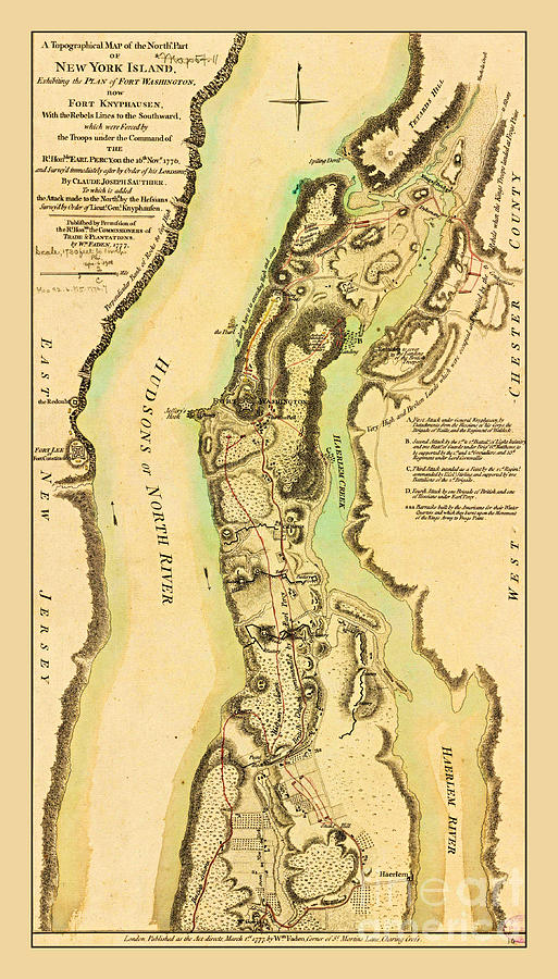 Battle of Fort Washington Manhattan Map 1777 Painting by Peter Ogden