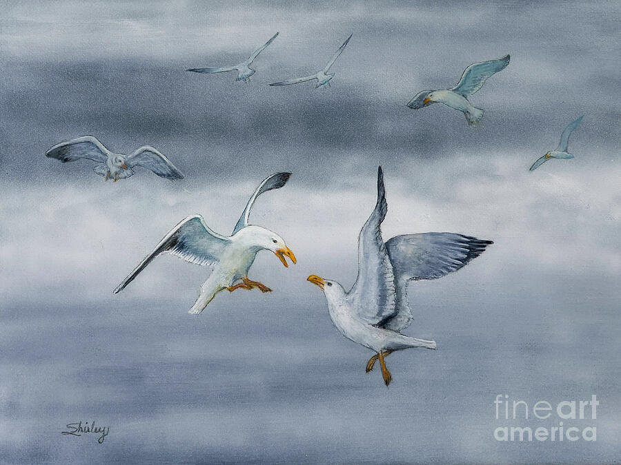 Battle of the Seagulls Painting by Shirley Dutchkowski
