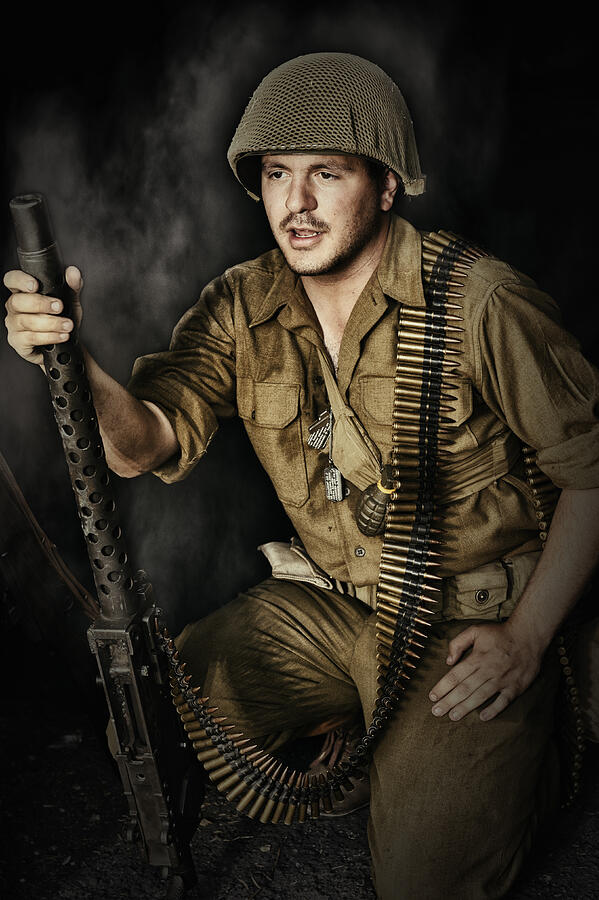 Battle Ready WWII US Soldier With 30 Caliber Machine Gun Photograph by LifeJourneys