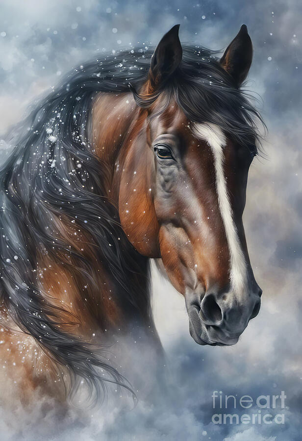 Bay Horse in the Snow Mixed Media by Stephanie Laird