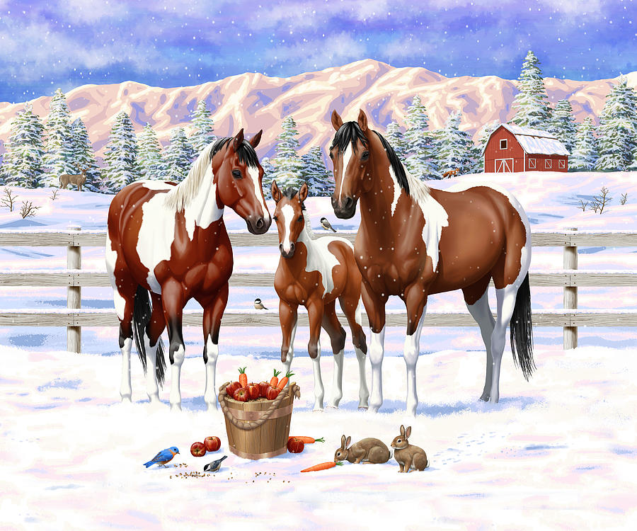 Bay Paint Horses In Snow Painting by Crista Forest