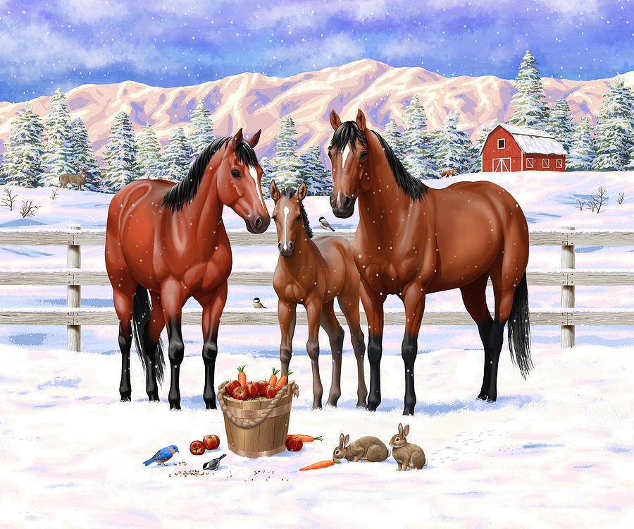 Bay Quarter Horses In Snow Painting by Crista Forest