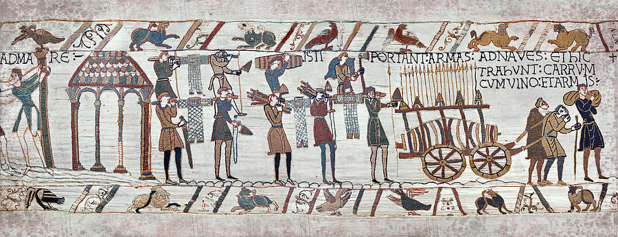 Bayeux Tapestry scene 37 weapons, wine and horses are loaded on the invasion fleet Tapestry - Textile by Paul E Williams