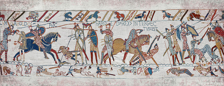 Bayeux Tapestry scene 57 King Harold is killed by an arrow in his eye Tapestry - Textile by Paul E Williams