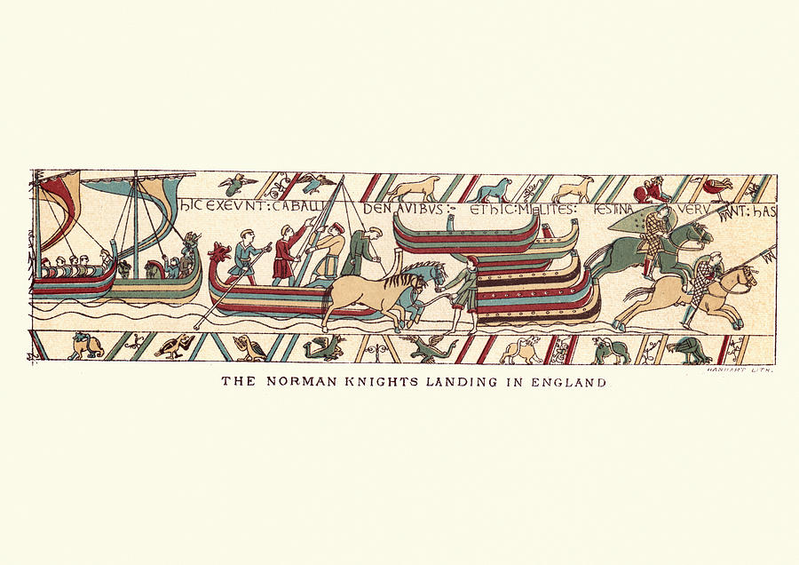 Bayeux Tapestry showing Norman knights landing in England, 1066 Drawing by Duncan1890 Bayeux Tapestry showing Norman knights landing in England, 1066 Drawing by Duncan1890