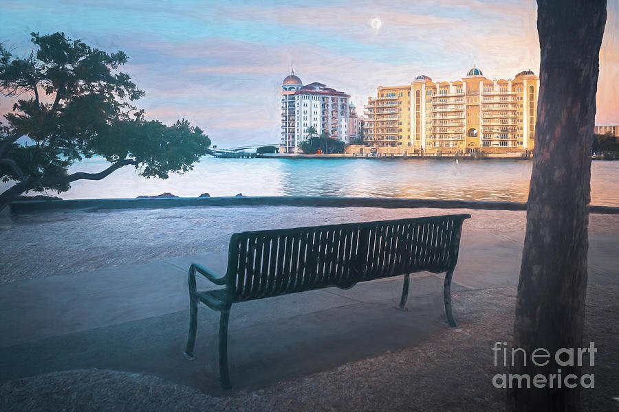 Bayfront Park Bench, Sarasota, FL, Painterly Photograph by Liesl Walsh