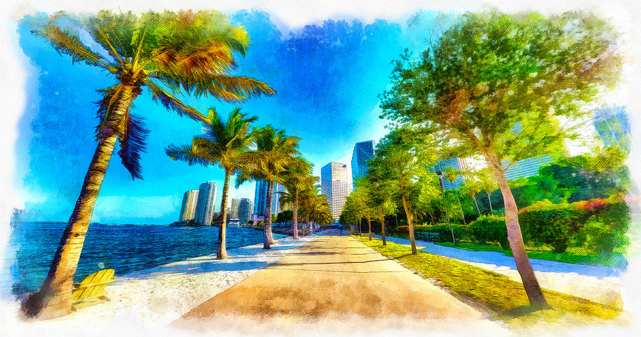 Bayfront Park in downtown Miami - sketch painting Digital Art by Nicko Prints