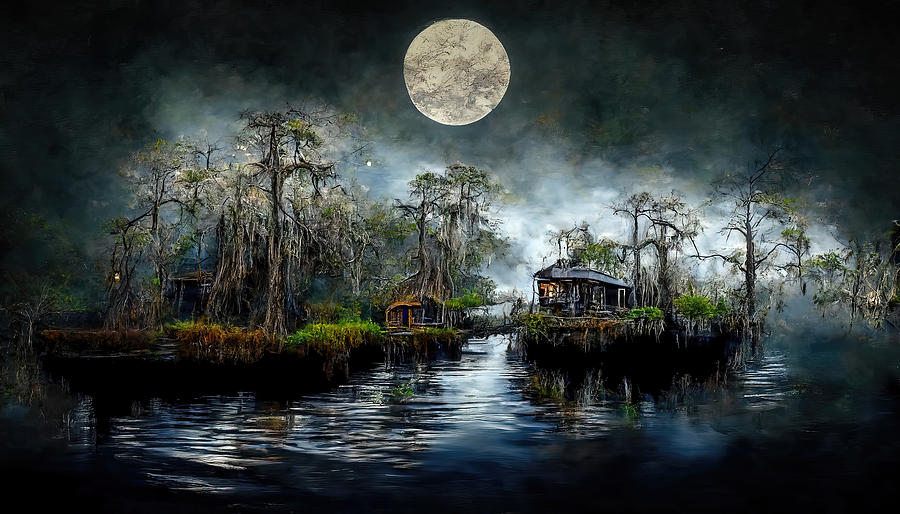 Bayou on a Moonlit Night Digital Art by Wes and Dotty Weber