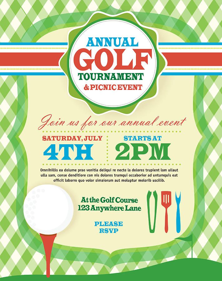 BBQ Golf tournament invitation design template green argyle and tee Drawing by JDawnInk