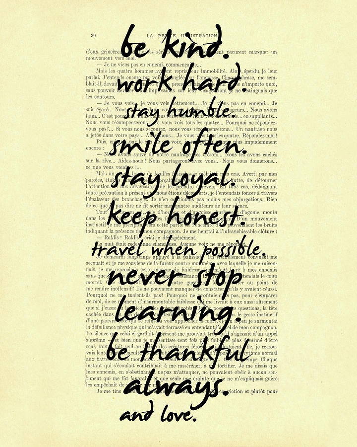 Typography Digital Art - Be kind work hard motivational quote on antique book page by Madame Memento