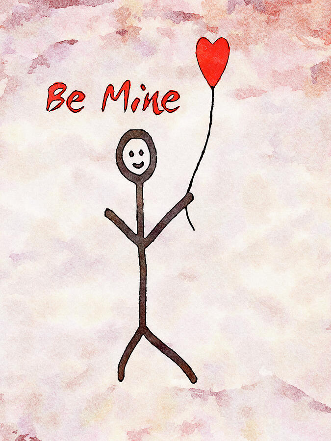 Be Mine- Naive Valentine Stick Man with Red Heart Balloon Digital Art by Shelli Fitzpatrick