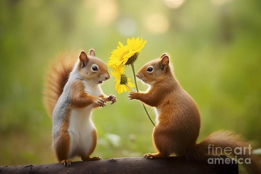 Wildlife Photograph - Be my Valentine - Squirrel offering flowers by Delphimages Photo Creations
