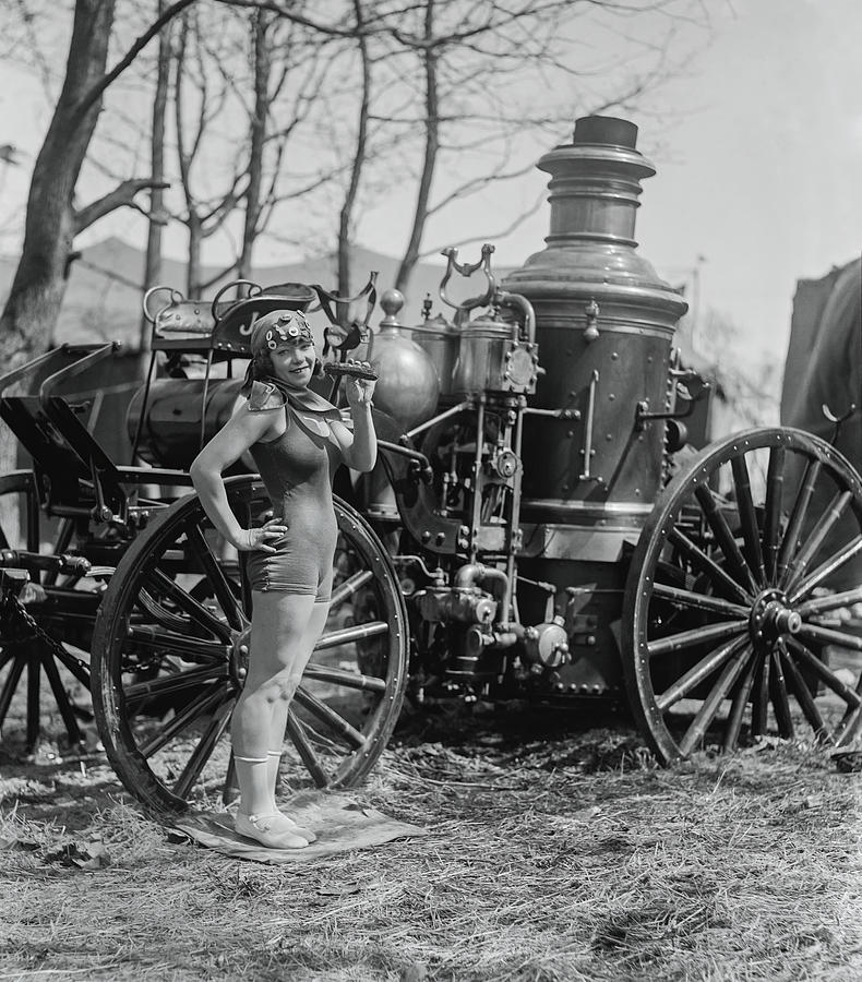 Bea Kyle Standing in front of a 1924  Fire Engine BW Photograph by Herbert A French