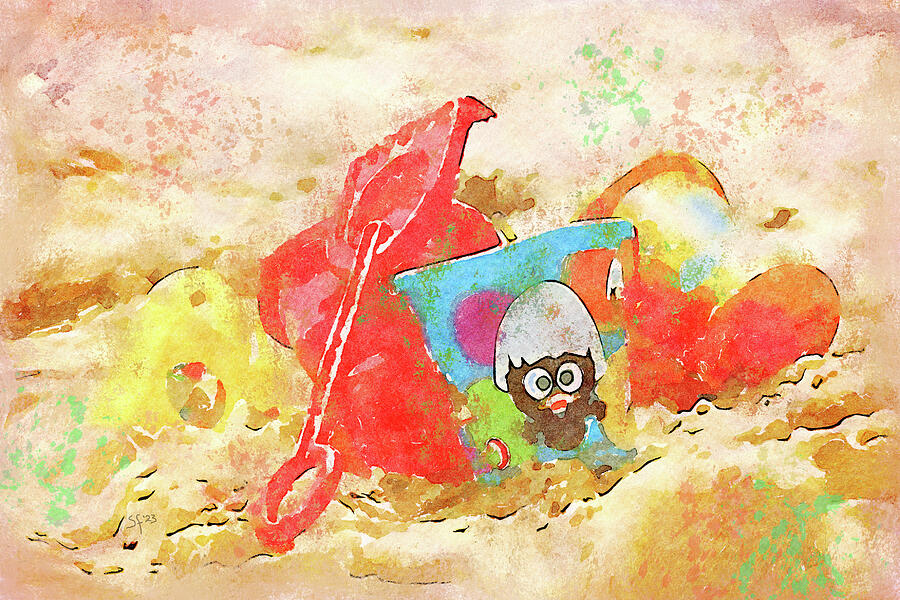 Beach Abstract Colorful Toys in the Sand Watercolor Painting Digital Art by Shelli Fitzpatrick