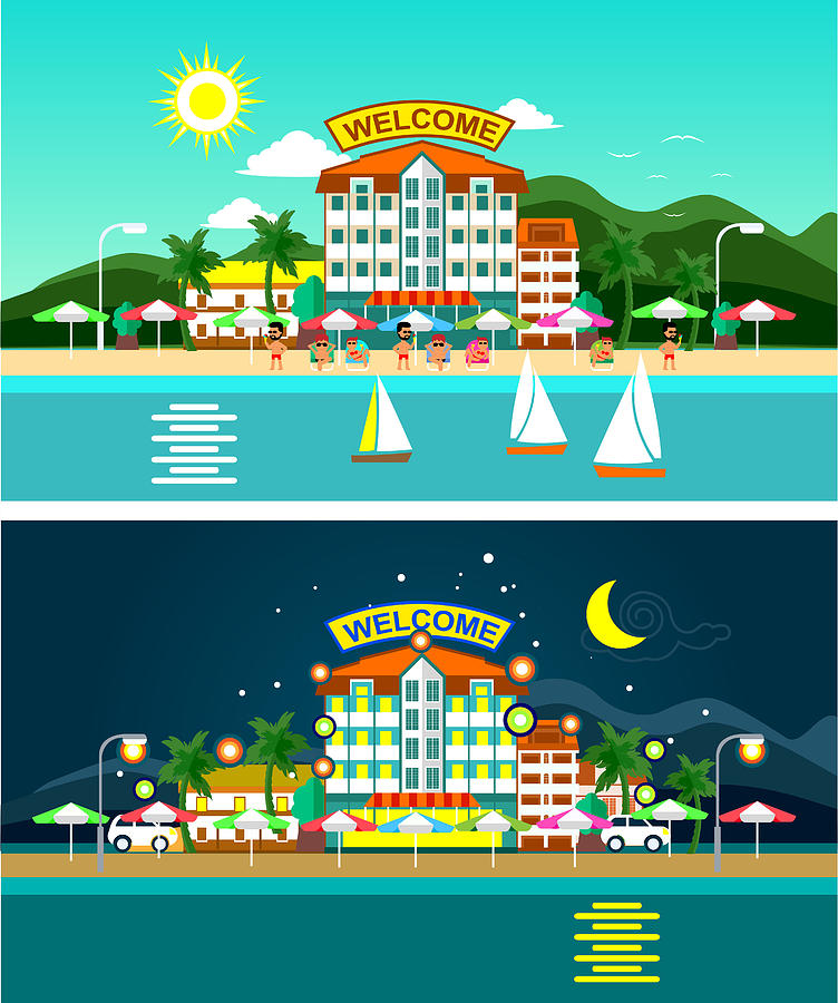 Beach and hotels panorama Drawing by Adelevin