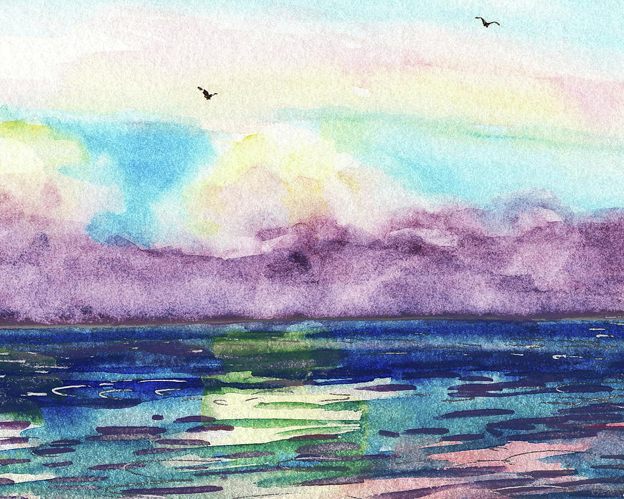 Beach Art Ocean Clouds Breezy Day Watercolor Painting by Irina Sztukowski