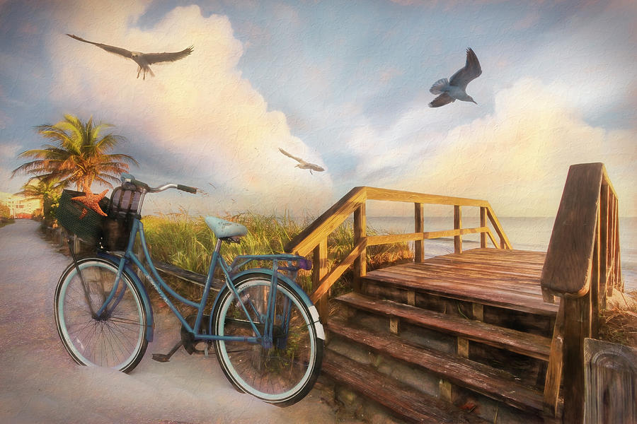 Beach Bicycle at Sunrise Painting Photograph by Debra and Dave Vanderlaan