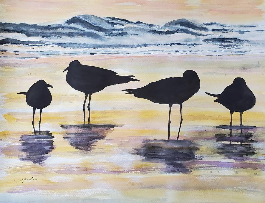 Beach Birds at Sunset - Watercolor Painting by Claudette Carlton