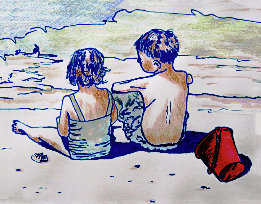 Shell Painting - Beach Buddies and a Red Bucket by Janie Easley Ballard