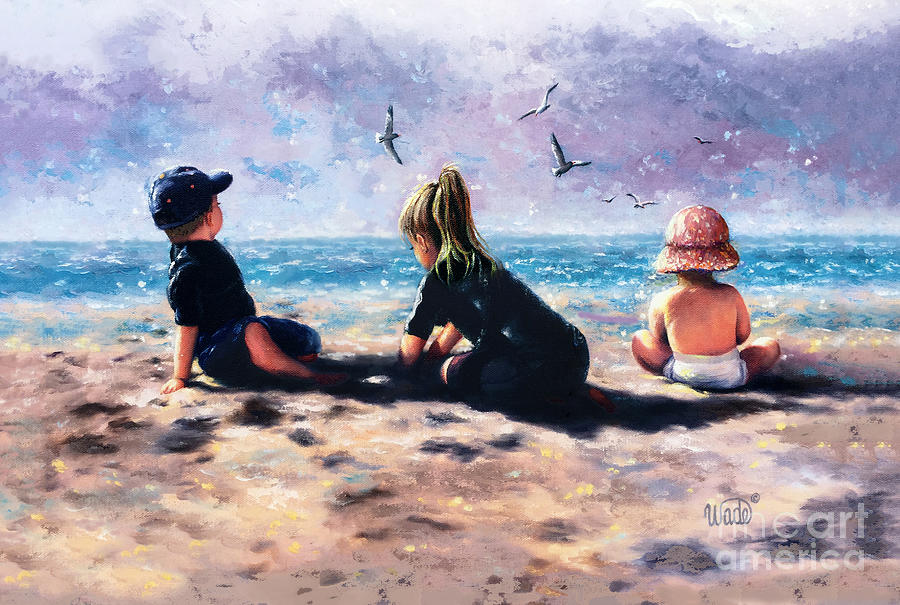 Beach Buddies Boy Two Girls Painting by Vickie Wade