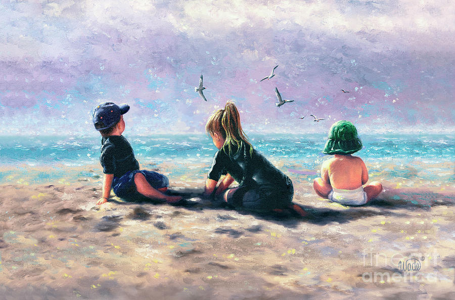 Children On Beach Painting - Beach Buddies Three Kids by Vickie Wade