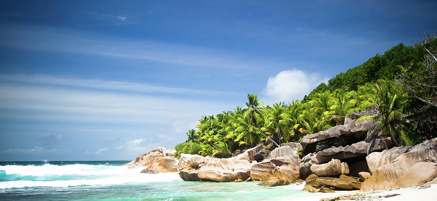 Beach, coconut palm trees, rocks and turquoise sea, in the Seychelles Islands Photograph by Jean-Luc Farges