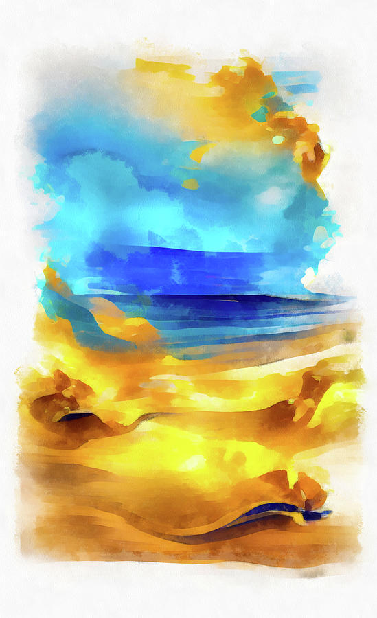 Beach Day 01 Golden and Blue Abstract Watercolor Painting by Matthias Hauser