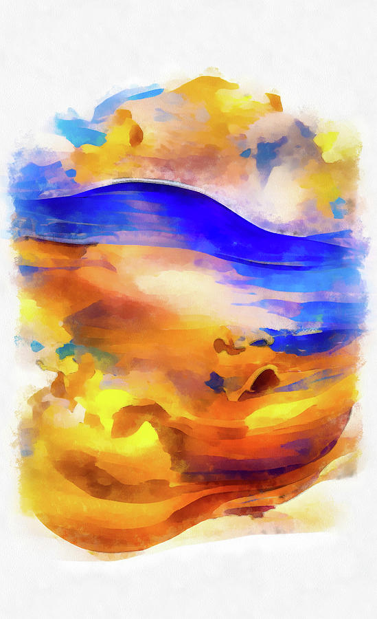 Beach Day 05 Golden and Blue Abstract Watercolor Painting by Matthias Hauser