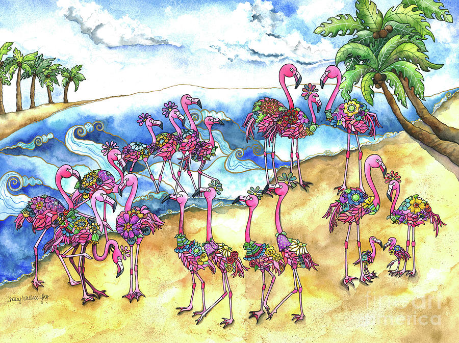 Beach Day for a Flamboyance of Flamingos Painting by Shelley Wallace Ylst
