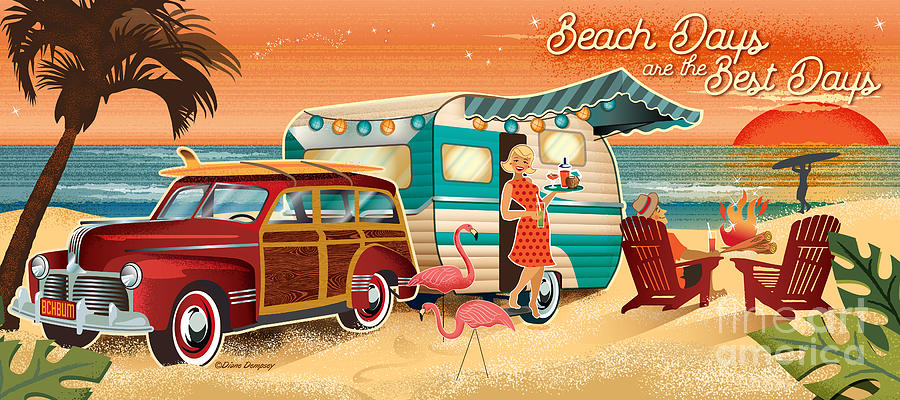 Beach Days Fun Retro Camper Scene Digital Art by Diane Dempsey