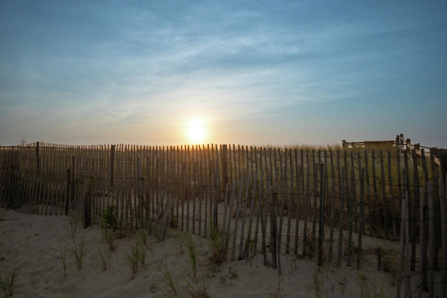 Beach Dunes and Fence at Sunrise Photograph by Matthew DeGrushe