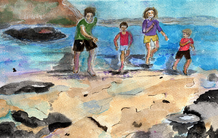 Family jogging on the beach. Painting by Genevieve Holland