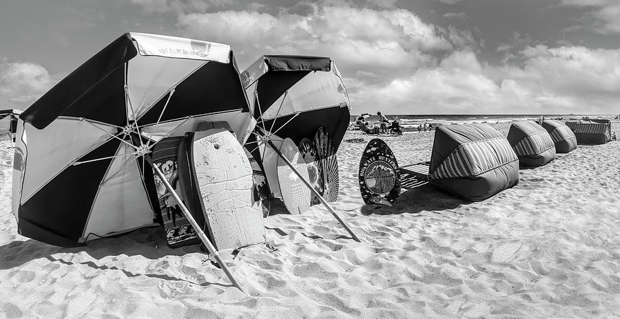 Beach Fun Umbrellas and Surfboards Black and White Photograph by Debra and Dave Vanderlaan