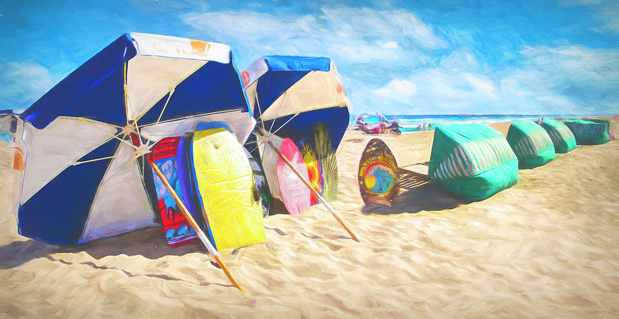 Beach Fun Umbrellas and Surfboards Watercolor Painting Photograph by Debra and Dave Vanderlaan