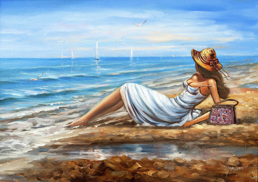 Beach Girl Oil Painting, Summer Artwork, Dreamy Painting of Woman on the  Beach Looking to Sea by BilykArt