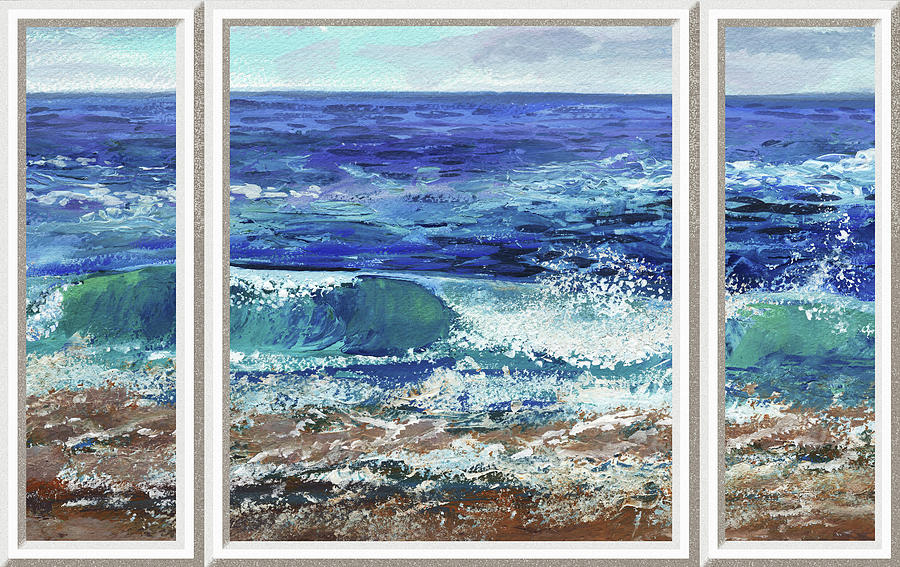 Beach House Window View Grand Waves Sea Shore Watercolor Painting by Irina Sztukowski