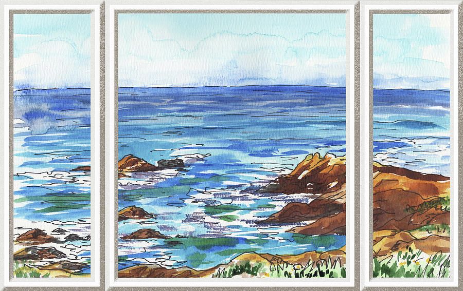Beach House Window View Meditative Rocks And Waves Sea Shore Watercolor Painting by Irina Sztukowski
